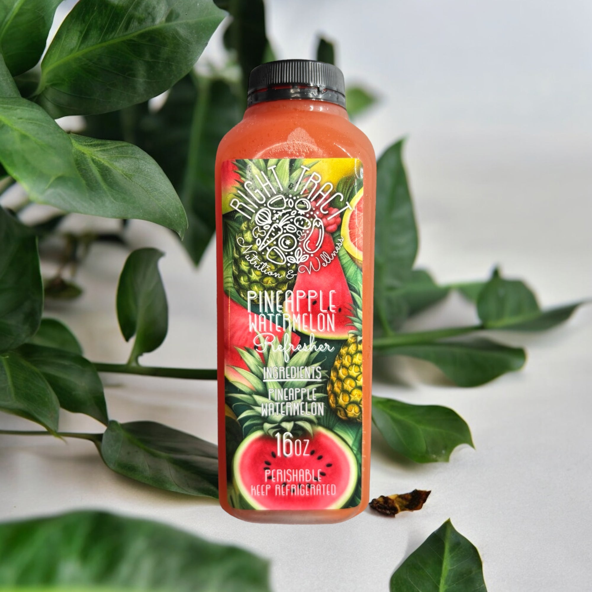 Bottle of juice with label "pineapple watermelon refresher"